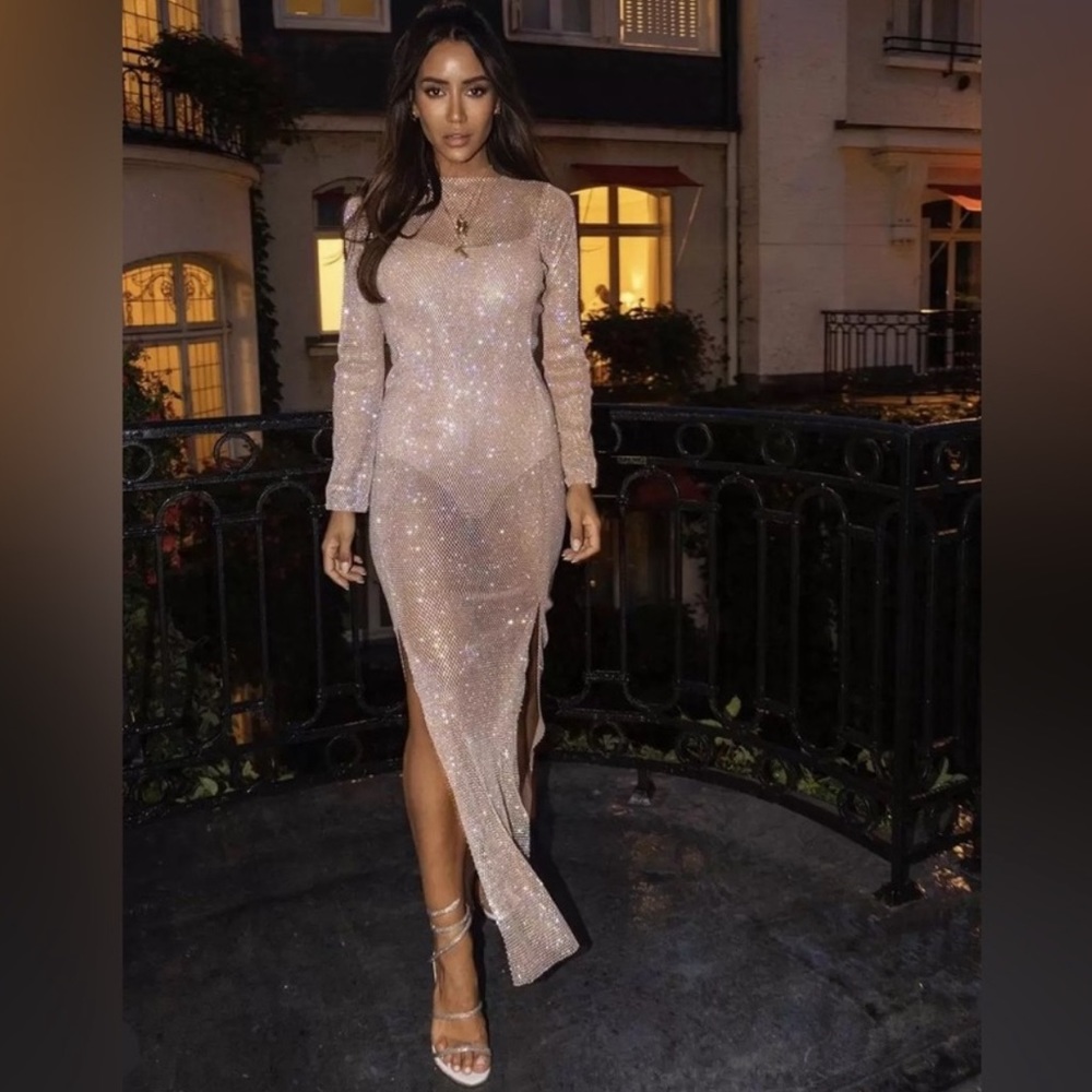 Santa Brands Diamond Maxi Dress in Gold Crystal Mesh Coverup Gown